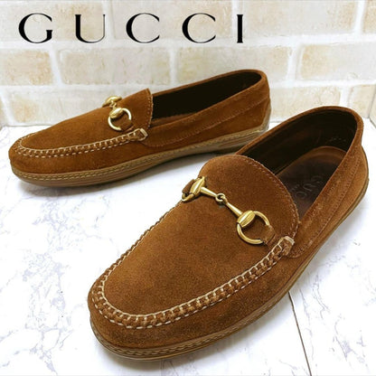 GUCCI Loafers Shoes Horsebit EU 42 US 8.5 Suede Brown Authentic