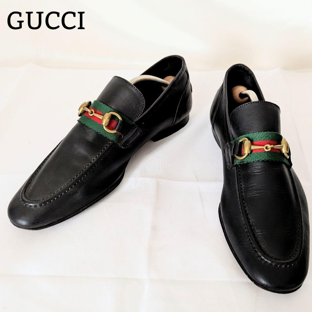 GUCCI Loafers Shoes Horsebit Sherry Line EU 41 US 7.5 Leather Black Authentic