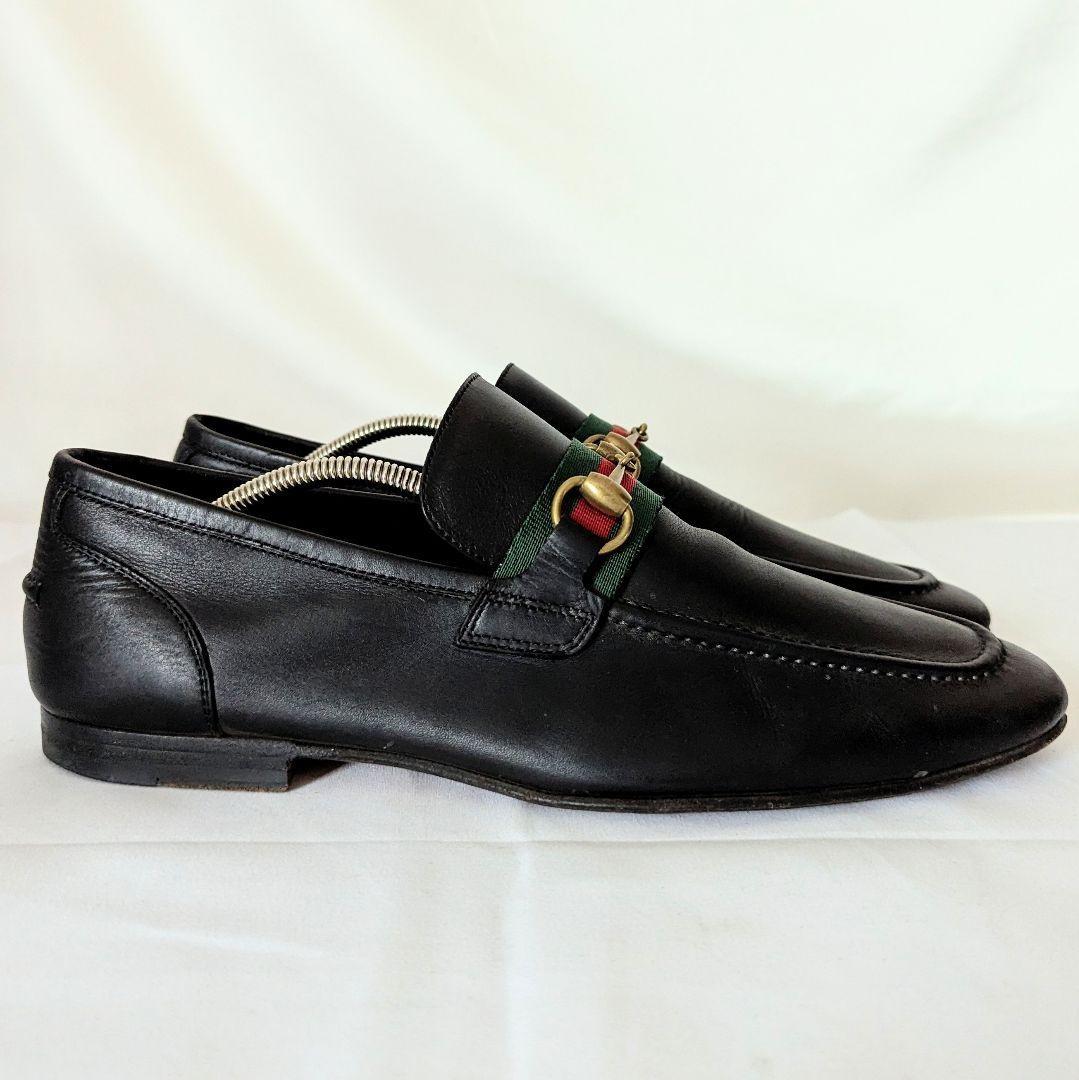 GUCCI Loafers Shoes Horsebit Sherry Line EU 41 US 7.5 Leather Black Authentic