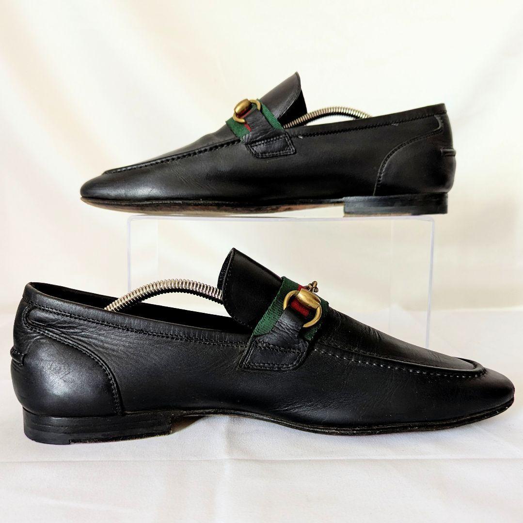 GUCCI Loafers Shoes Horsebit Sherry Line EU 41 US 7.5 Leather Black Authentic