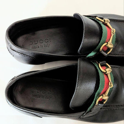 GUCCI Loafers Shoes Horsebit Sherry Line EU 41 US 7.5 Leather Black Authentic