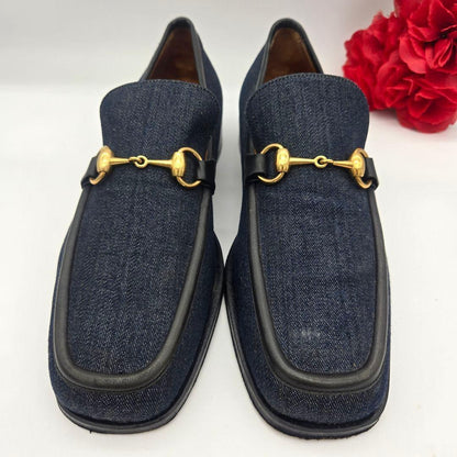 GUCCI Loafers Shoes Horsebit EU 41.5 US 8 Denim Leather Navy Authentic