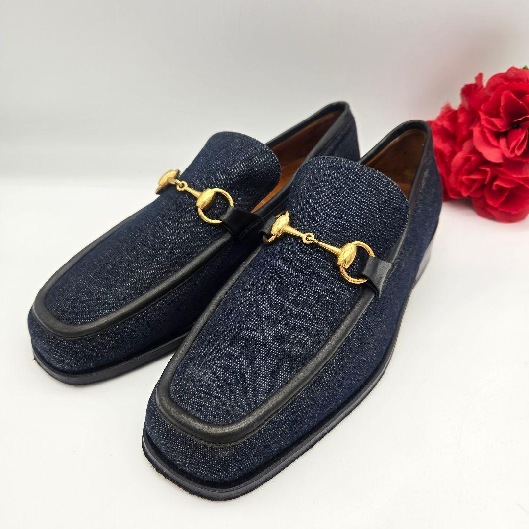 GUCCI Loafers Shoes Horsebit EU 41.5 US 8 Denim Leather Navy Authentic
