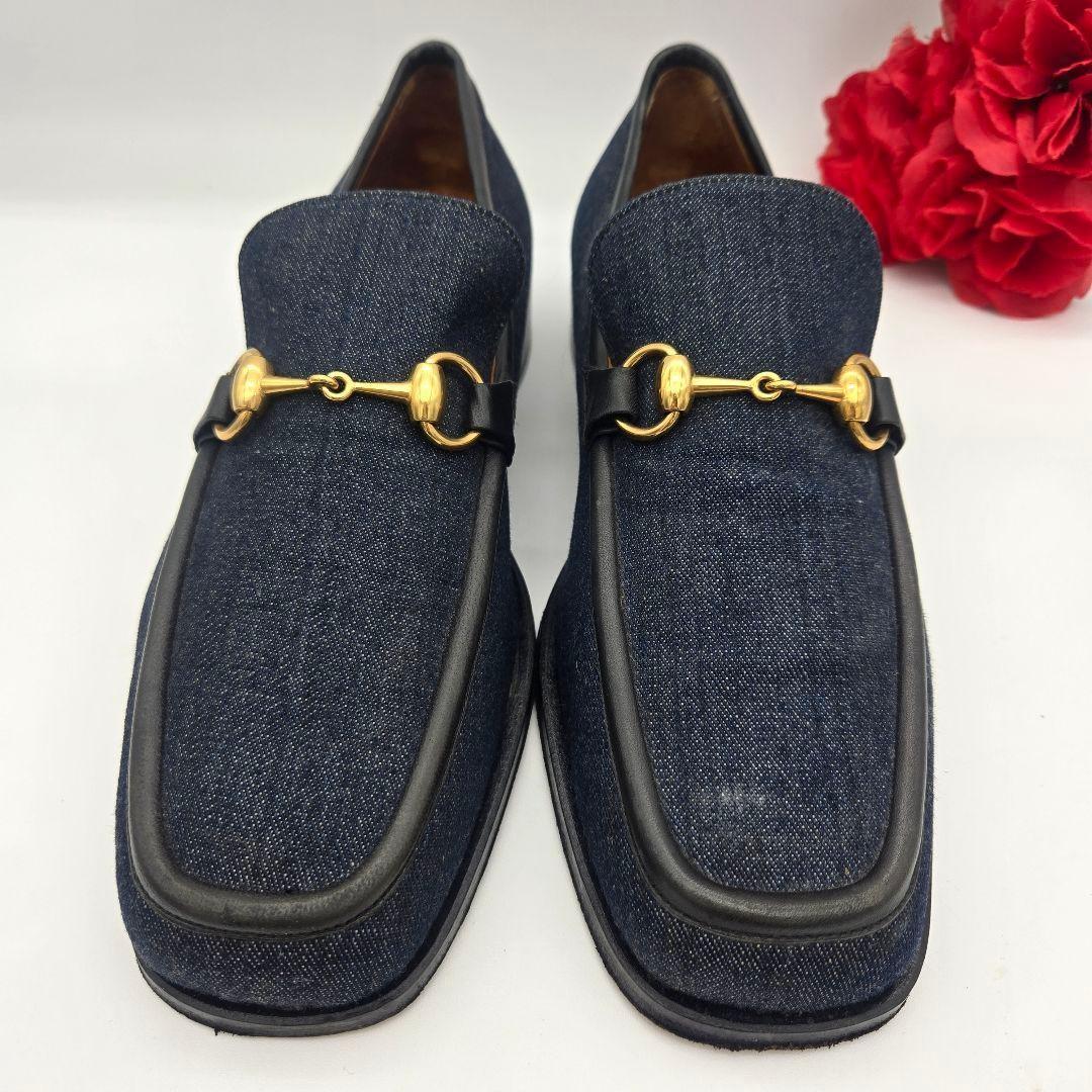 GUCCI Loafers Shoes Horsebit EU 41.5 US 8 Denim Leather Navy Authentic