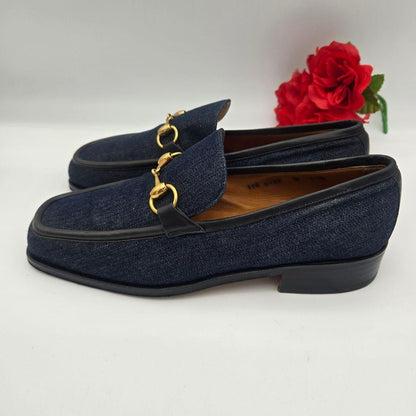 GUCCI Loafers Shoes Horsebit EU 41.5 US 8 Denim Leather Navy Authentic