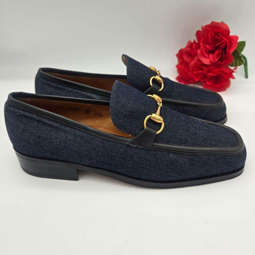 GUCCI Loafers Shoes Horsebit EU 41.5 US 8 Denim Leather Navy Authentic