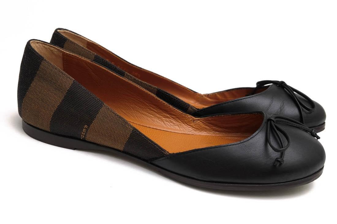 FENDI Flat Shoes Pumps Pecan EU 36.5 US 6.5 Cotton Leather Black Authentic
