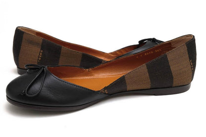 FENDI Flat Shoes Pumps Pecan EU 36.5 US 6.5 Cotton Leather Black Authentic