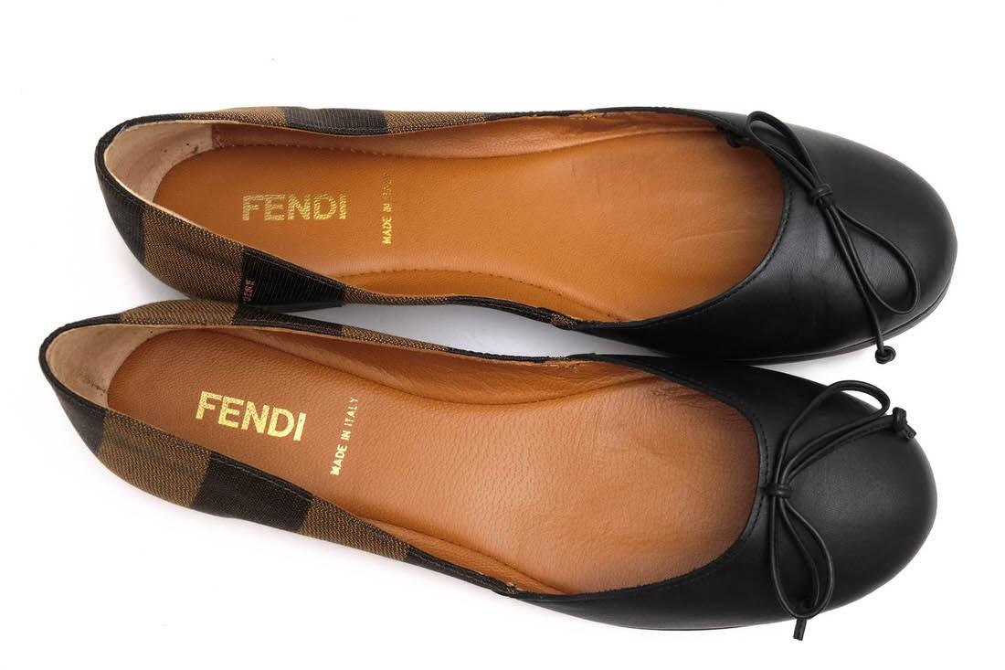 FENDI Flat Shoes Pumps Pecan EU 36.5 US 6.5 Cotton Leather Black Authentic