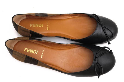 FENDI Flat Shoes Pumps Pecan EU 36.5 US 6.5 Cotton Leather Black Authentic
