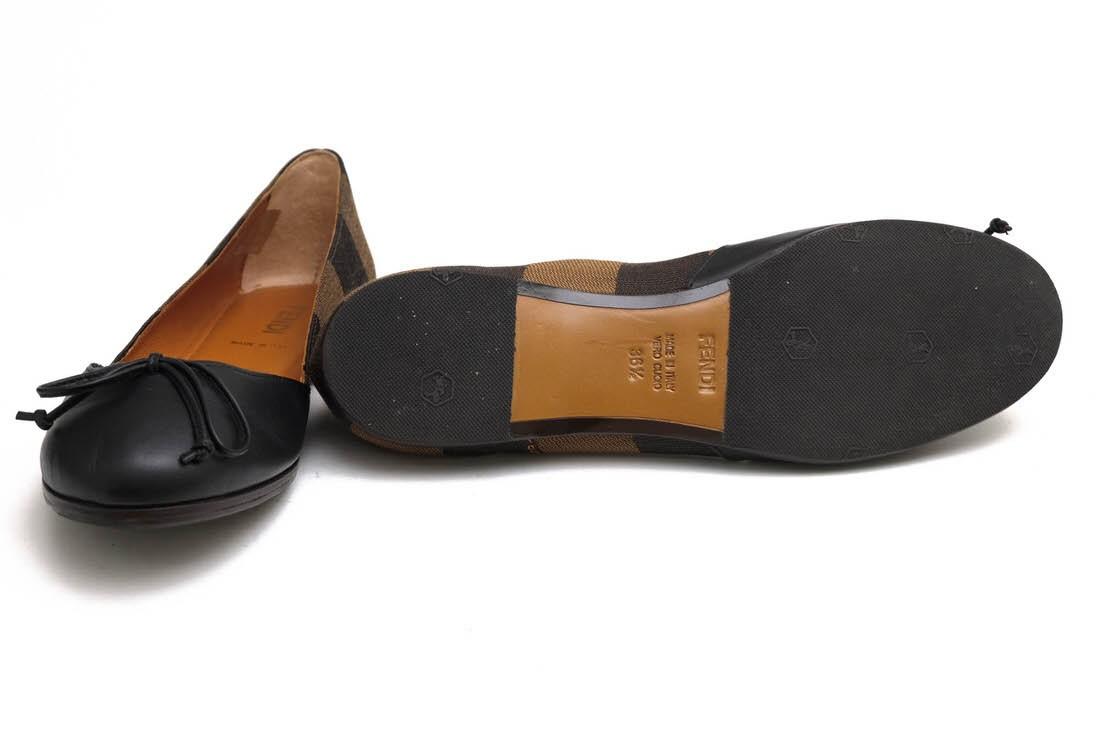FENDI Flat Shoes Pumps Pecan EU 36.5 US 6.5 Cotton Leather Black Authentic