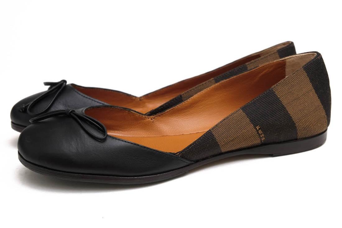 FENDI Flat Shoes Pumps Pecan EU 36.5 US 6.5 Cotton Leather Black Authentic