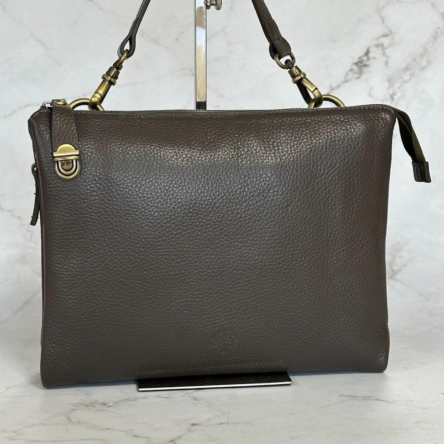 MULBERRY Clutch Handbag Shoulder Bag Purse Leather Dark Brown Gold Used Auth