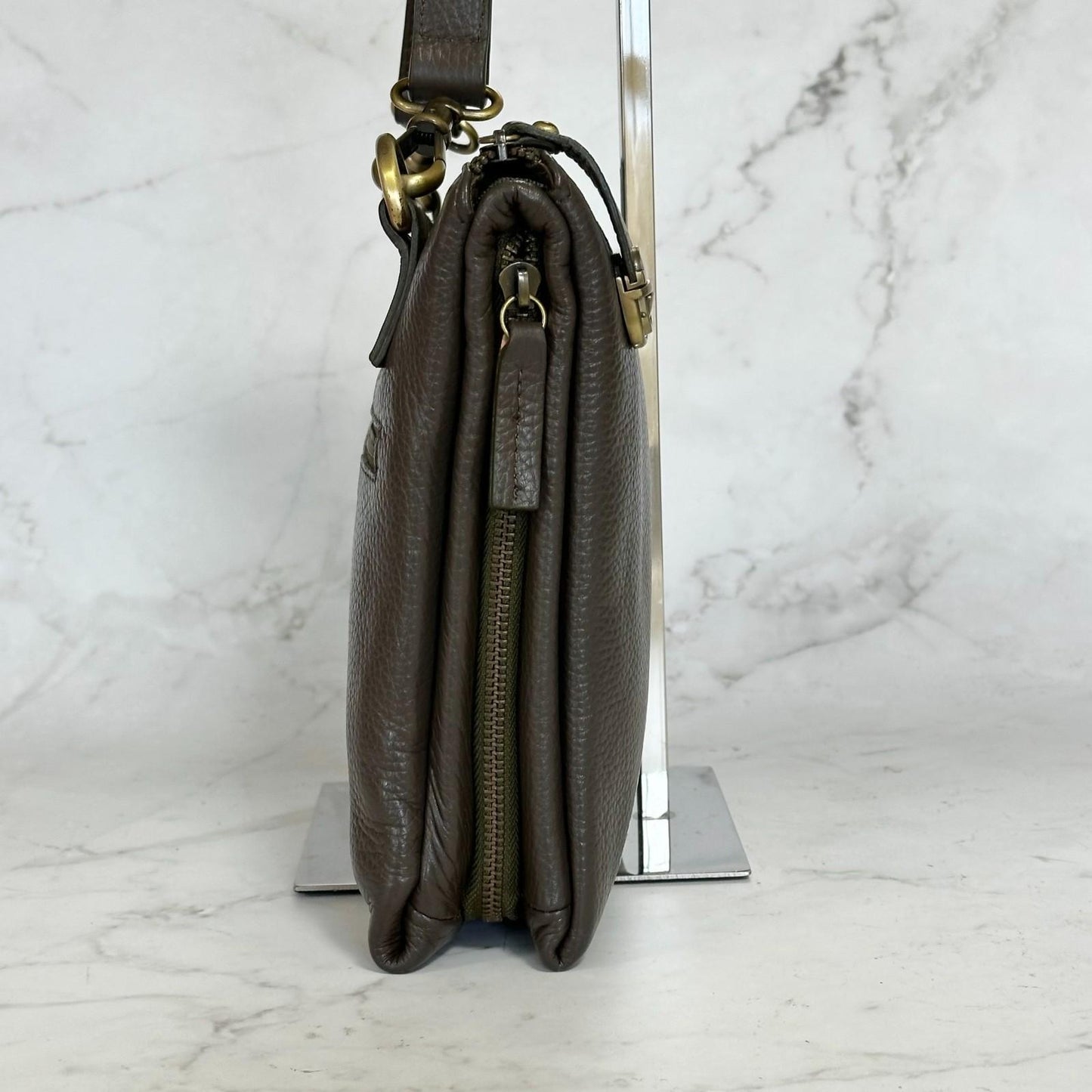 MULBERRY Clutch Handbag Shoulder Bag Purse Leather Dark Brown Gold Used Auth