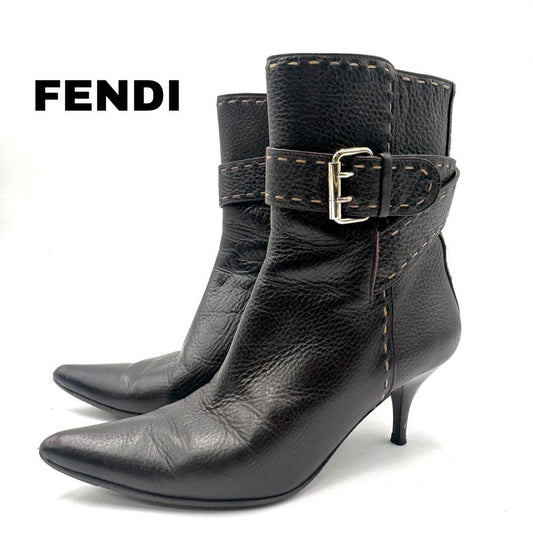 FENDI Short Boots Shoes Selleria EU 37 US 7 Leather Black Authentic