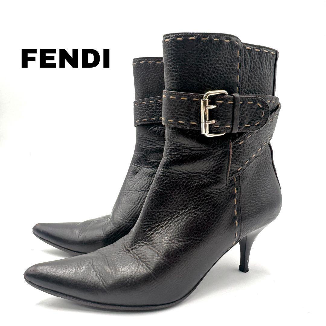 FENDI Short Boots Shoes Selleria EU 37 US 7 Leather Black Authentic