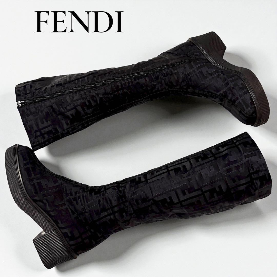 FENDI Long Boots Shoes FF Zucca EU 36 US 6 Nylon Black Authentic