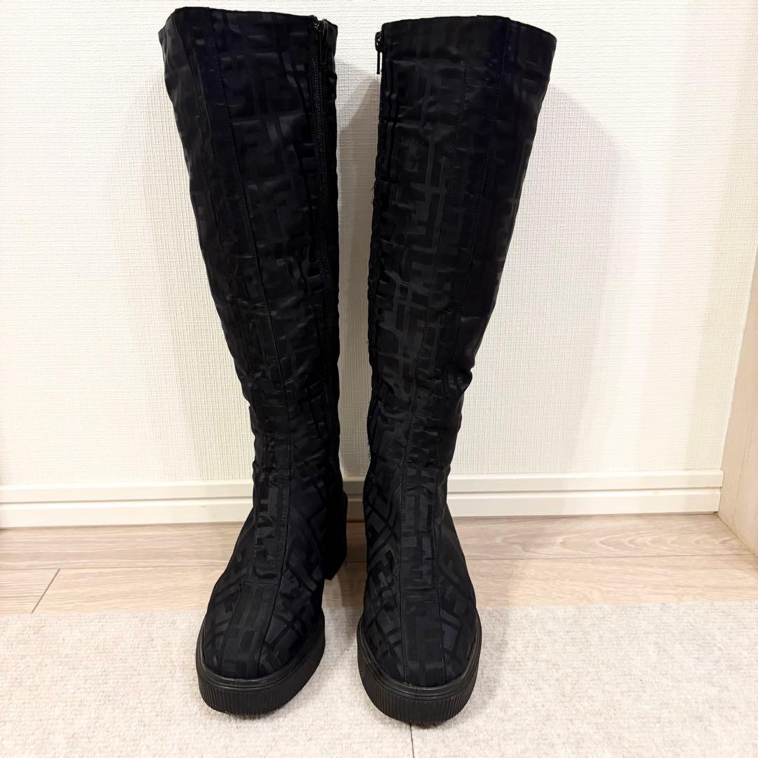 FENDI Long Boots Shoes FF Zucca EU 36 US 6 Nylon Black Authentic