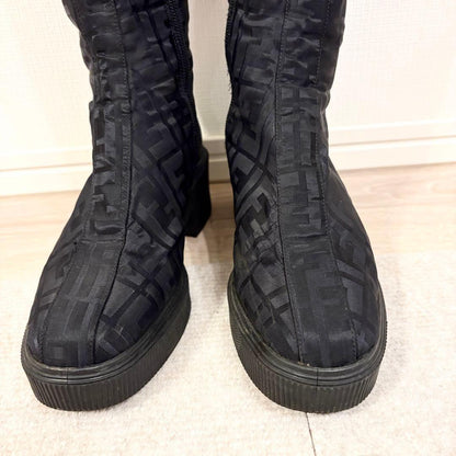 FENDI Long Boots Shoes FF Zucca EU 36 US 6 Nylon Black Authentic