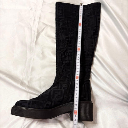 FENDI Long Boots Shoes FF Zucca EU 36 US 6 Nylon Black Authentic
