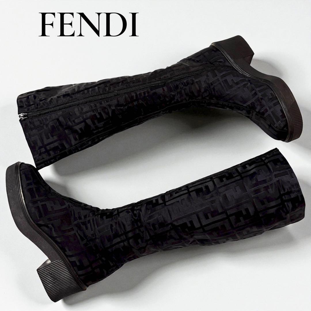 FENDI Long Boots Shoes FF Zucca EU 36 US 6 Nylon Black Authentic