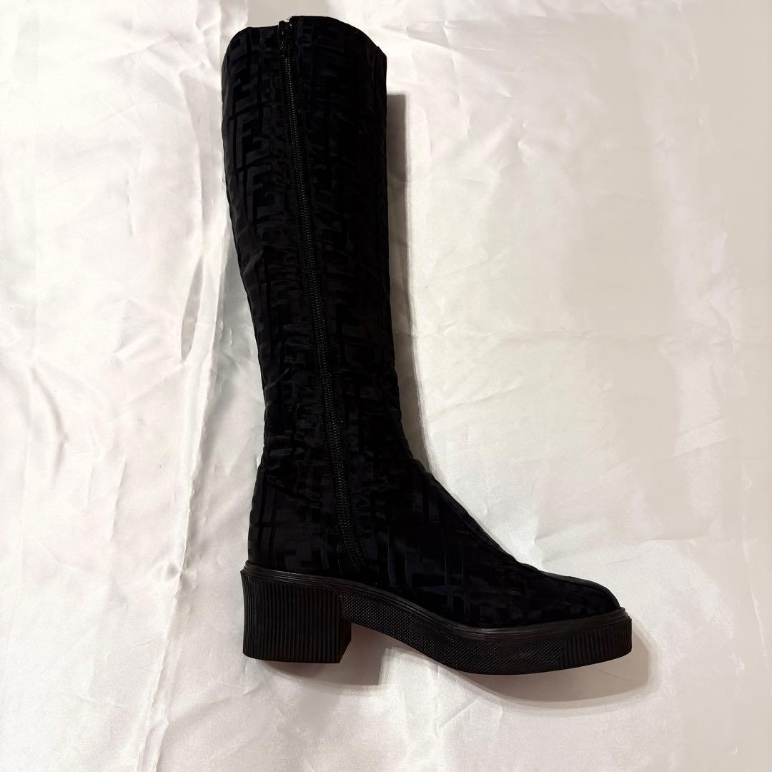 FENDI Long Boots Shoes FF Zucca EU 36 US 6 Nylon Black Authentic