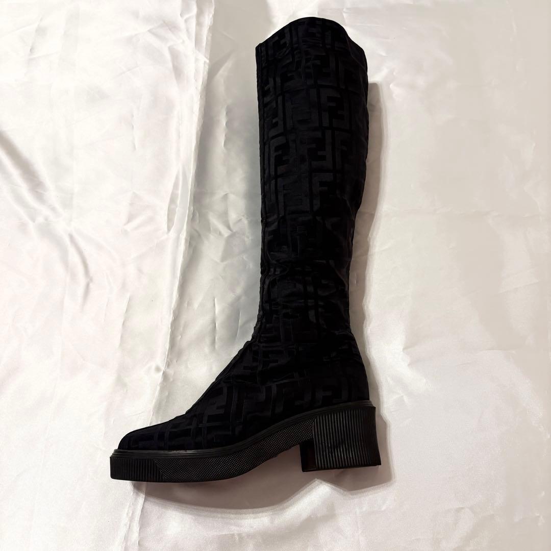 FENDI Long Boots Shoes FF Zucca EU 36 US 6 Nylon Black Authentic