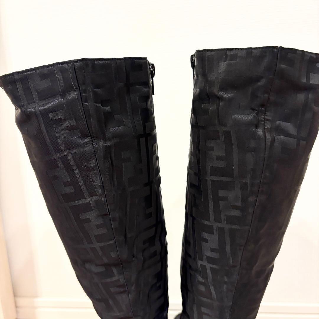 FENDI Long Boots Shoes FF Zucca EU 36 US 6 Nylon Black Authentic