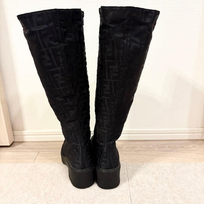 FENDI Long Boots Shoes FF Zucca EU 36 US 6 Nylon Black Authentic