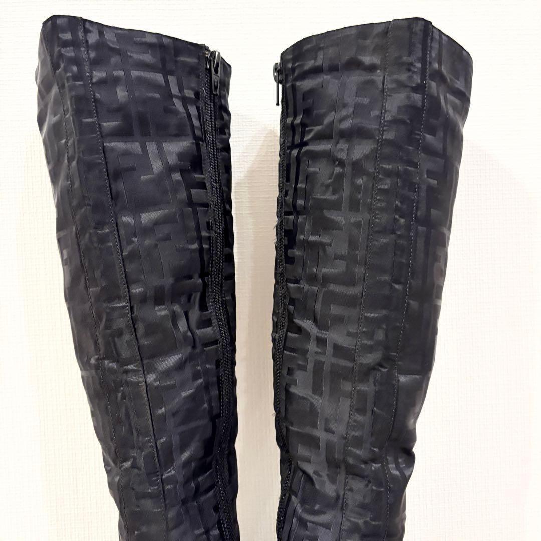 FENDI Long Boots Shoes FF Zucca EU 36 US 6 Nylon Black Authentic