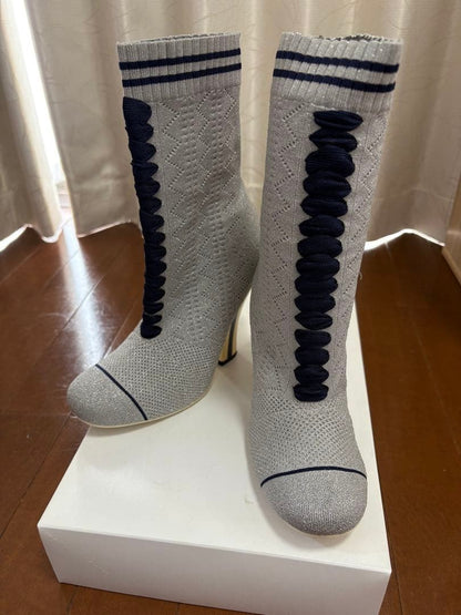 FENDI Knit Short Boots Shoes EU 36 US 6 Gray Authentic