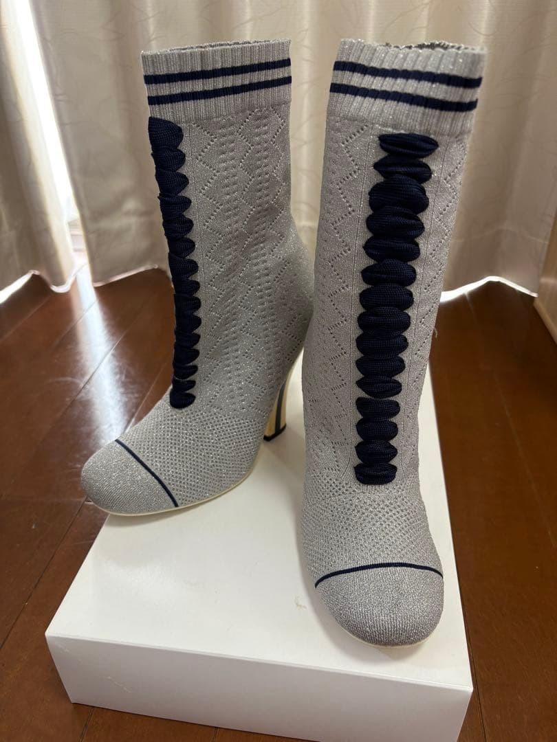 FENDI Knit Short Boots Shoes EU 36 US 6 Gray Authentic