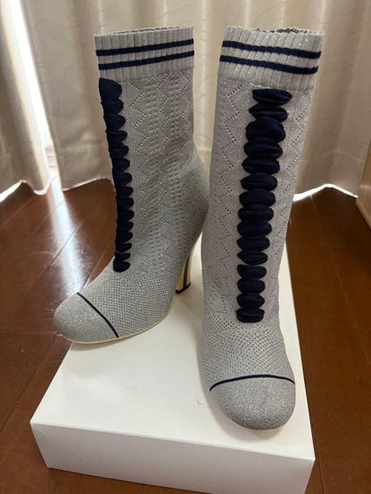 FENDI Knit Short Boots Shoes EU 36 US 6 Gray Authentic