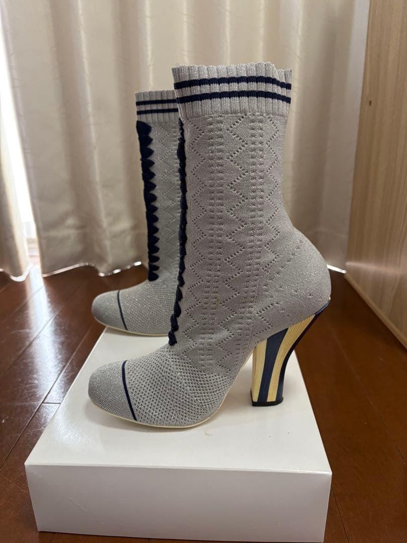 FENDI Knit Short Boots Shoes EU 36 US 6 Gray Authentic