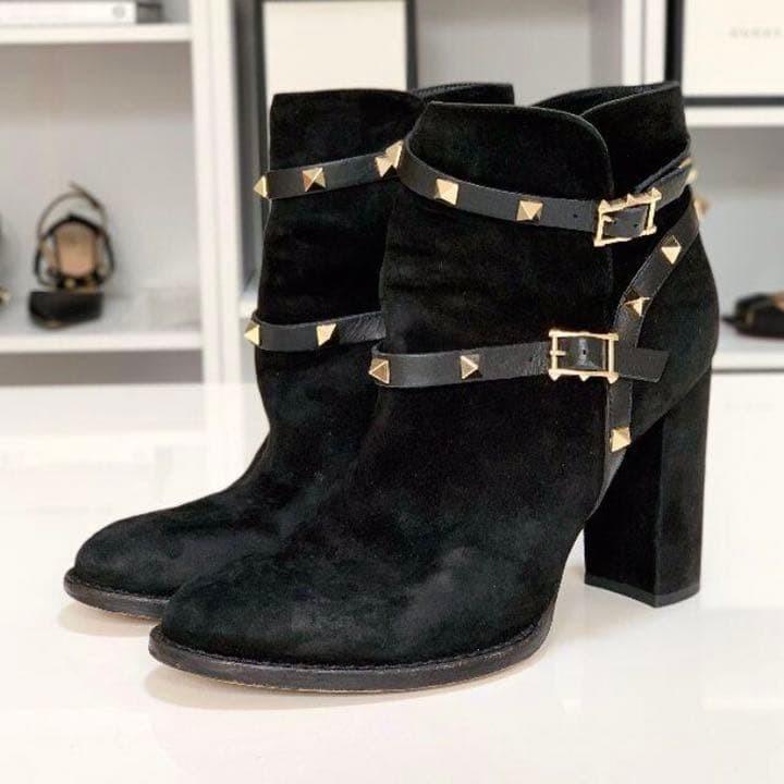 Valentino Short Boots Shoes Studs EU 36.0 US 6.0 Suede Black Authentic