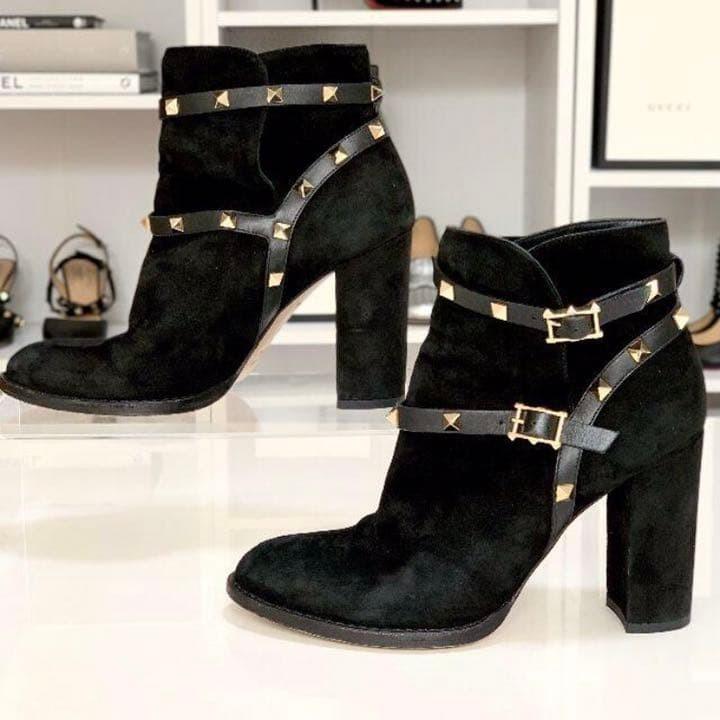 Valentino Short Boots Shoes Studs EU 36.0 US 6.0 Suede Black Authentic