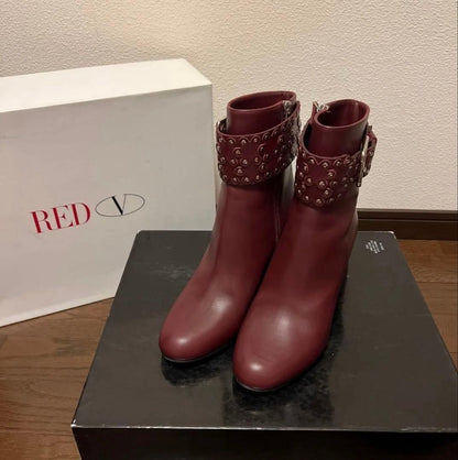 Red Valentino Short Boots Shoes EU 37.5 US 7.5 Leather Burgundy Authentic