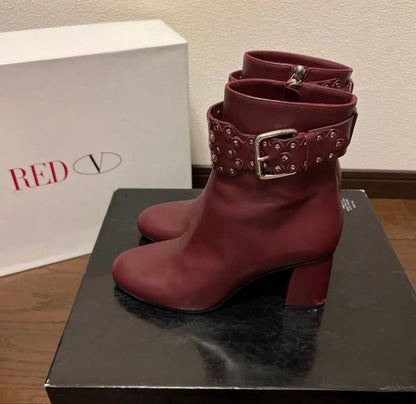 Red Valentino Short Boots Shoes EU 37.5 US 7.5 Leather Burgundy Authentic