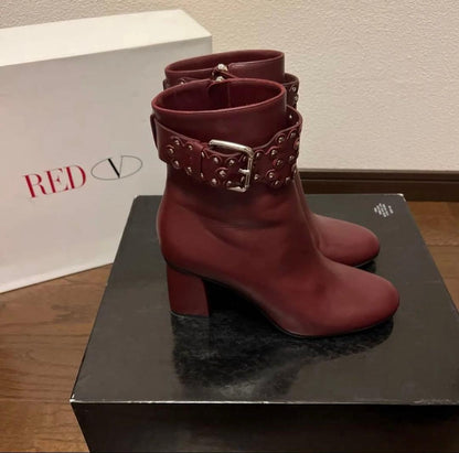 Red Valentino Short Boots Shoes EU 37.5 US 7.5 Leather Burgundy Authentic