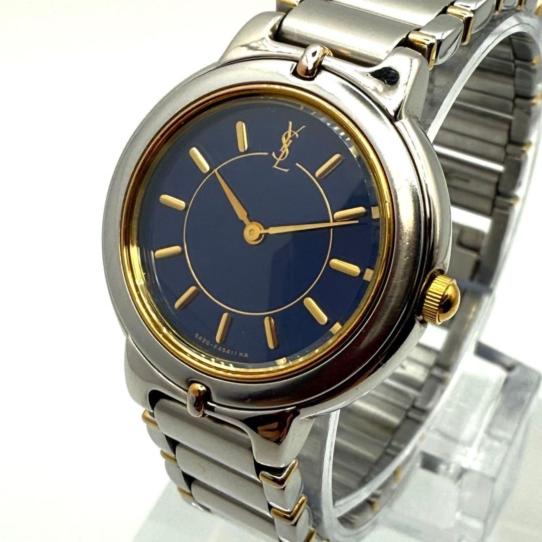 Saint Laurent Quartz Watch Wristwatch YSL Cassandra Silver Navy Women's Auth