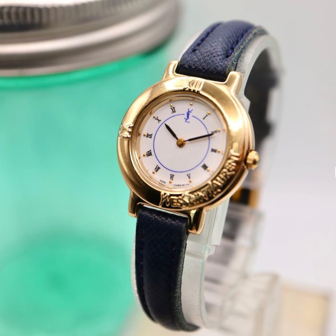 Saint Laurent Quartz Watch Wristwatch YSL Cassandra White Navy Women's Auth