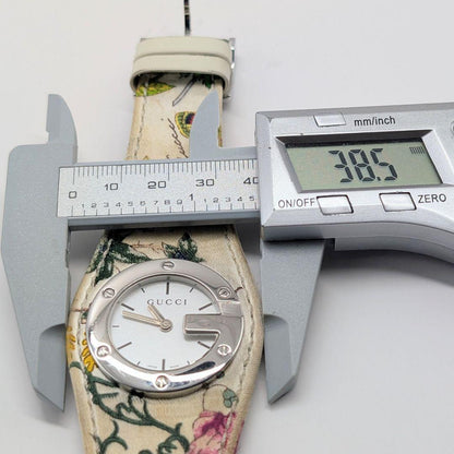 GUCCI 104 Quartz Watch Wristwatch White Silver Floral pattern Women's Authentic