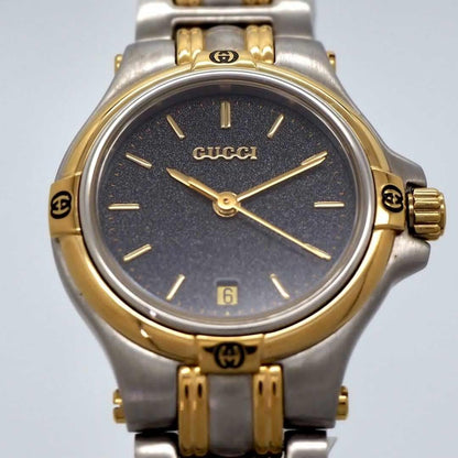 GUCCI 9040L Quartz Watch Wristwatch GG Gold Silver Black Women's Authentic