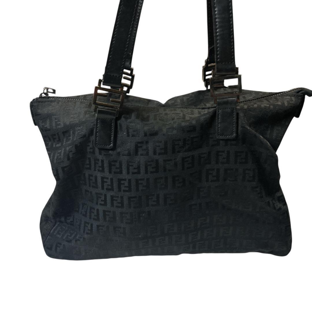 FENDI Hand Bag Tote Purse FF Zucca Zucchino Jacquard Leather Black Authentic