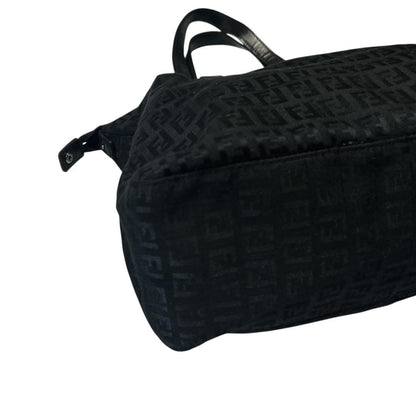 FENDI Hand Bag Tote Purse FF Zucca Zucchino Jacquard Leather Black Authentic