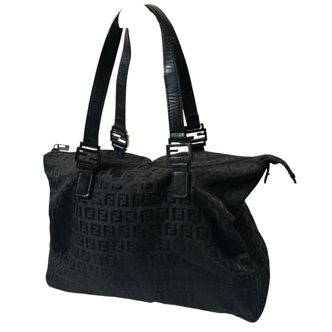 FENDI Hand Bag Tote Purse FF Zucca Zucchino Jacquard Leather Black Authentic