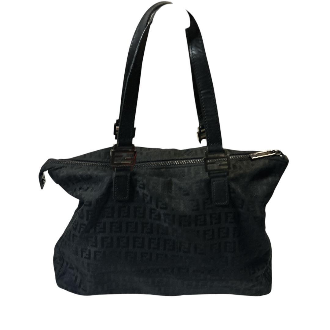 FENDI Hand Bag Tote Purse FF Zucca Zucchino Jacquard Leather Black Authentic