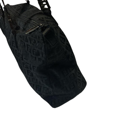 FENDI Hand Bag Tote Purse FF Zucca Zucchino Jacquard Leather Black Authentic