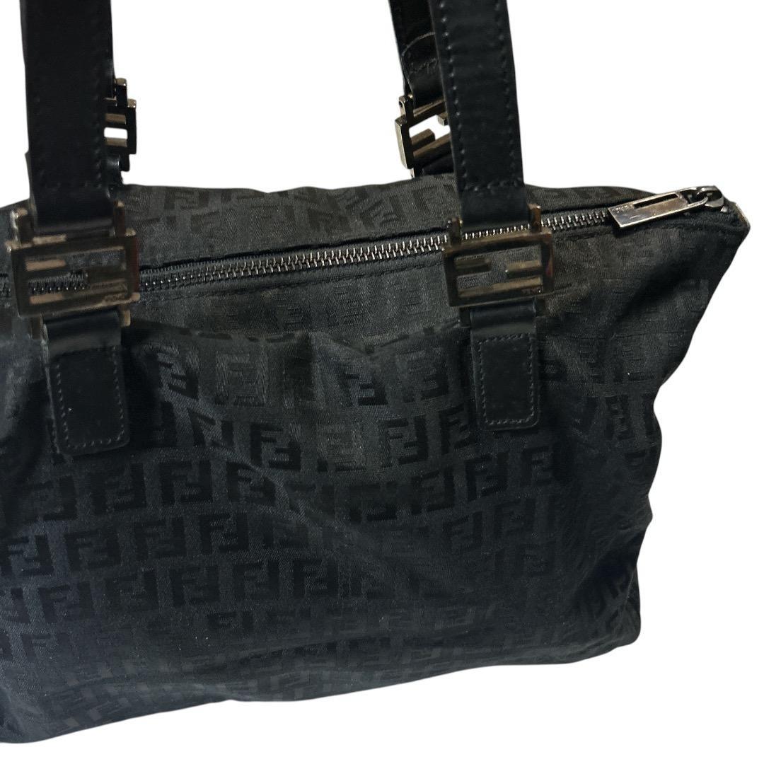 FENDI Hand Bag Tote Purse FF Zucca Zucchino Jacquard Leather Black Authentic