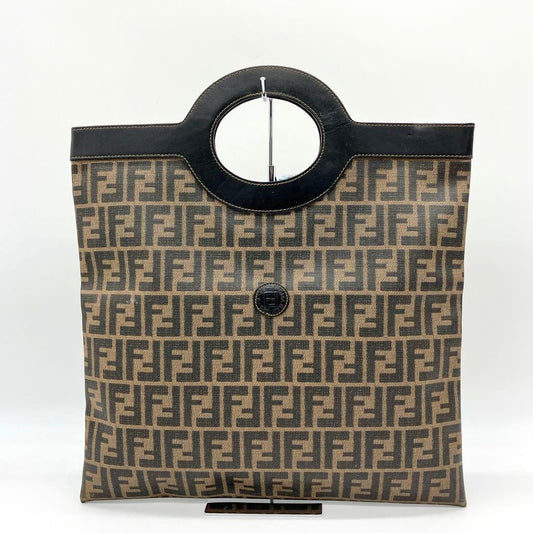 FENDI Hand Bag Tote Purse FF Zucca PVC Leather Brown Black Authentic